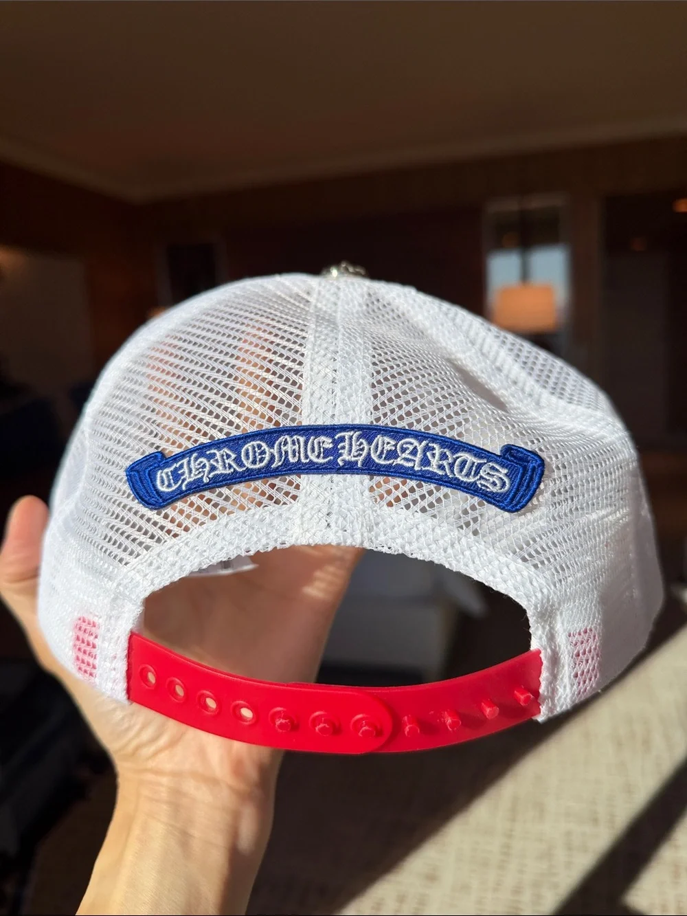 NWT Chrome Hearts Red and Blue Trucker Hat with White Logo
